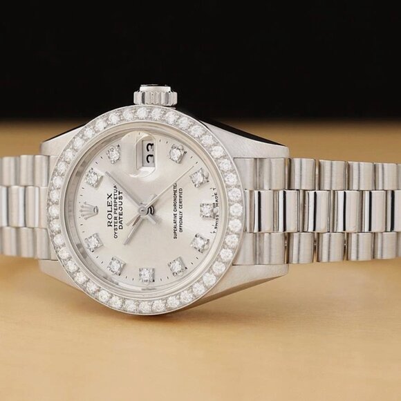 ROLEX LADIES DATEJUST SILVER FACTORY DIAMOND PLATINUM PRESIDENT WATCH - Picture 3 of 9